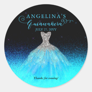 Sticker Rond Elégant Aqua Silver Spanish Gown Quinceañera