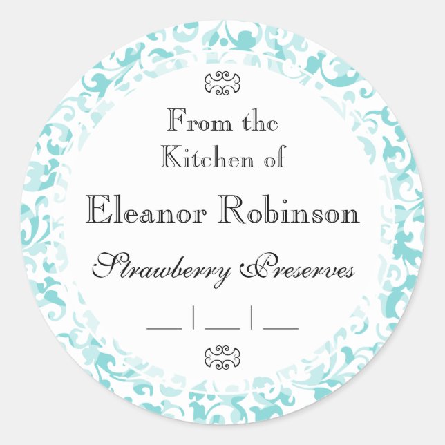 Sticker Rond Elégant Aqua Turquoise Damask Swirl Scrolls (Devant)