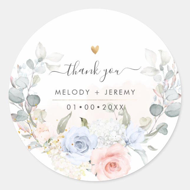 Sticker Rond Elegant Aquarelle Bleu Poussiéreux Rose Merci (Devant)