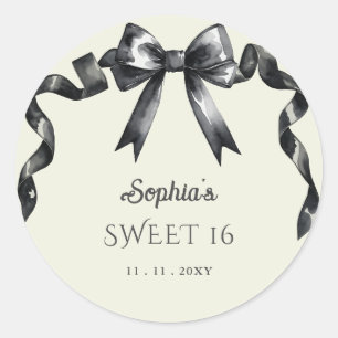 Sticker Rond Elégant Aquarelle Coquette Black Bow Sweet 16
