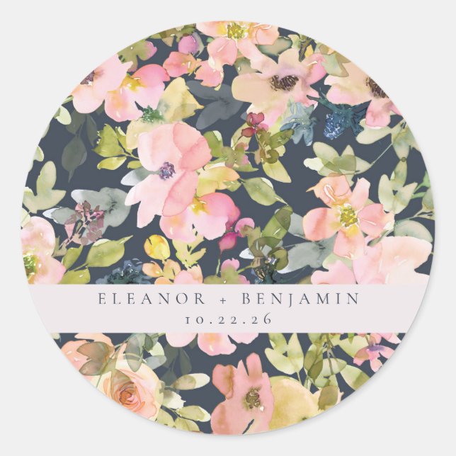 Sticker Rond Elégant Aquarelle de marine rose Floral Custom Wed (Devant)