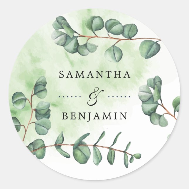 Sticker Rond Elégant Aquarelle Eucalyptus Noms Mariages (Devant)