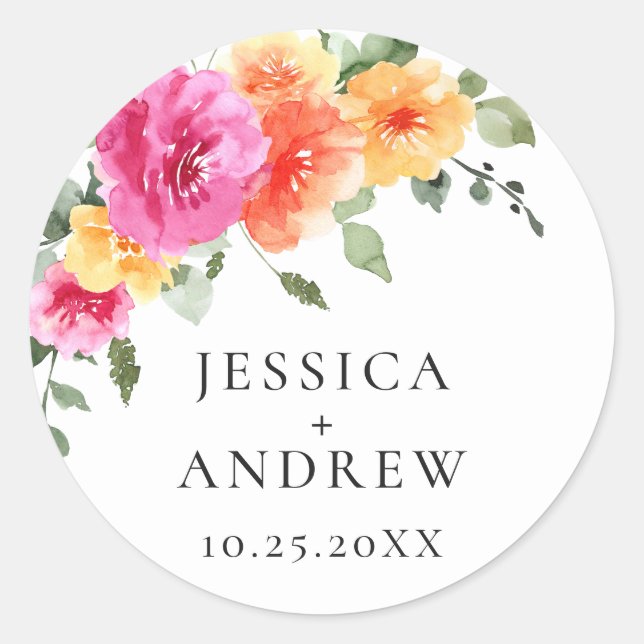 Sticker Rond Elégant Aquarelle Fleurs vives Mariage (Devant)