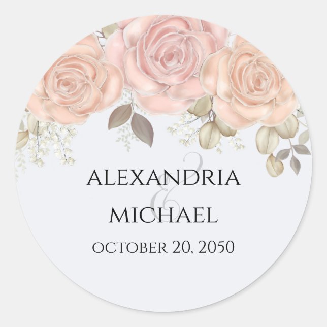 Sticker Rond Élégant aquarelle floral rose or &  (Devant)