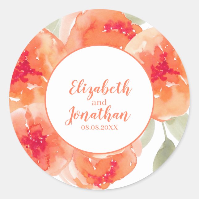 Sticker Rond Elégant Aquarelle Pêche pivoines Floral Mariage (Devant)