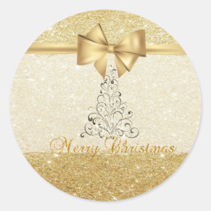 Sticker Rond Élégant arbre de Noël, Bow d'or Faux, Glitterie