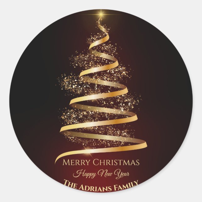 Sticker Rond Élégant arbre de Noël doré avec une lumière éclata (Devant)