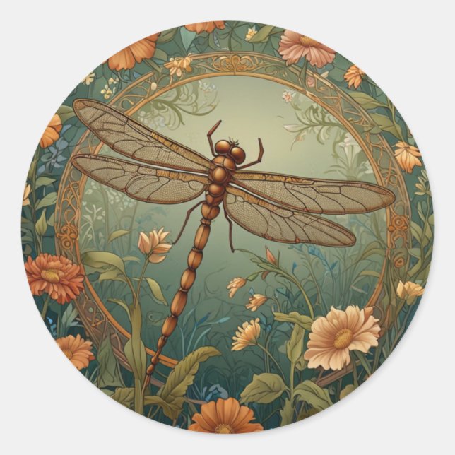 Sticker Rond Elegant Art Nouveau Spring green Dragonfly (Devant)