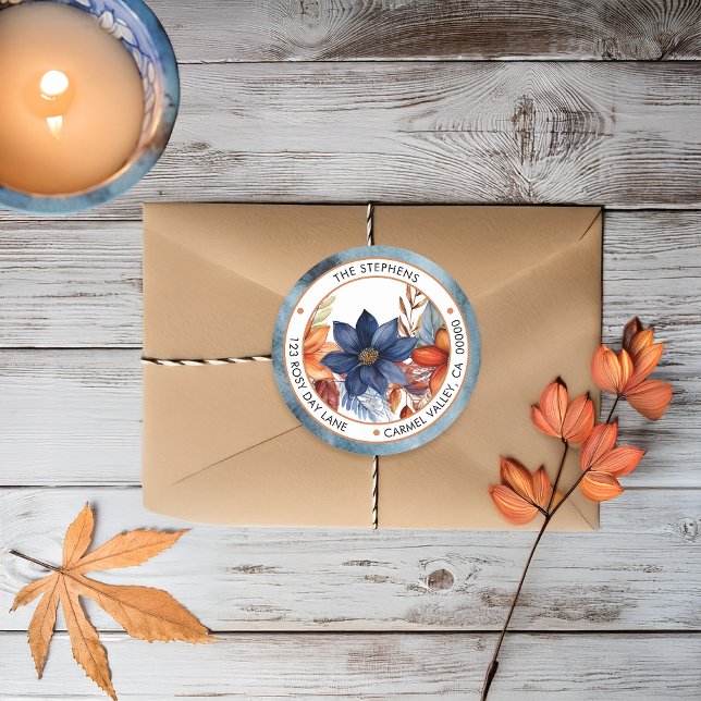 Sticker Rond Elégant automne bleu floral cercle retour adresse (Boho Blue and Terracotta Fall |  Autumn Floral Return Address Envelope Seal)