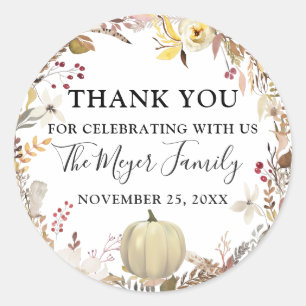 Sticker Rond Élégant automne Citrouille Floral automne Merci au