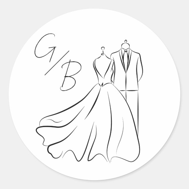 Sticker Rond Élégant B&w Tux & Robe Monogram Mariage (Devant)