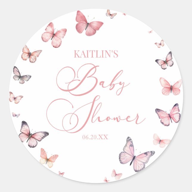 Sticker Rond Élégant Baby shower à papillon rose doux (Devant)