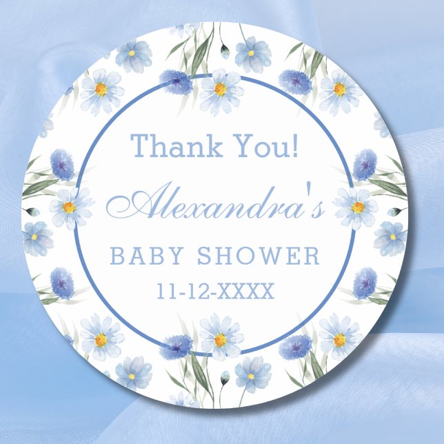Sticker Rond Elégant Baby shower bleu Floral Boho  Merci (Créateur téléchargé)