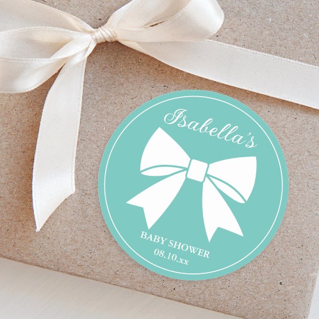 Sticker Rond Elégant Baby shower bleu Turquoise à ruban blanc (Créateur téléchargé)