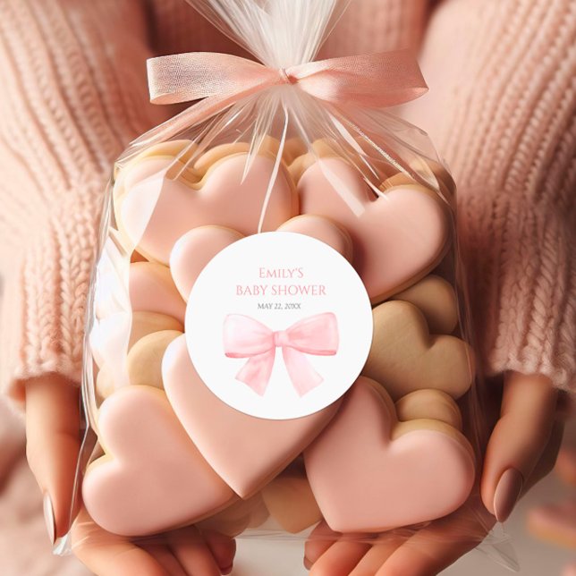 Sticker Rond Élégant Baby shower de fille Rose Pastel Bow Blush (Créateur téléchargé)