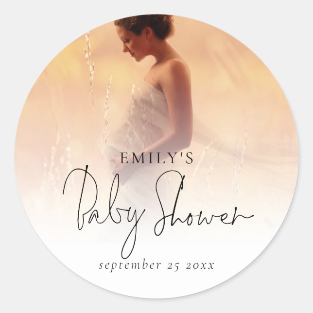 Sticker Rond Élégant Baby shower de script de superposition pho (Devant)