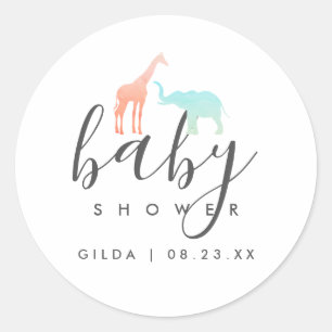 Sticker Rond Elégant Baby shower Eléphant Giraffe