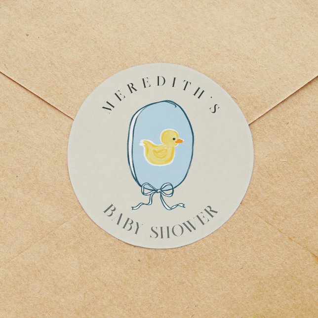 Sticker Rond Élégant Baby shower en caoutchouc Ducky (Elegant meets cute rubber ducky framed in a blue ribbon tied in a bow Baby Shower sticker..)