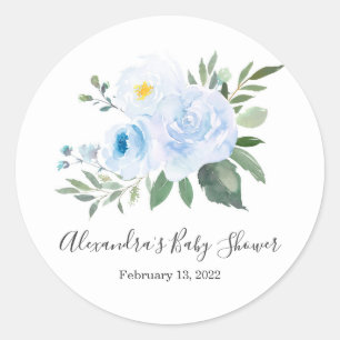 Sticker Rond Élégant Baby shower floral bleu