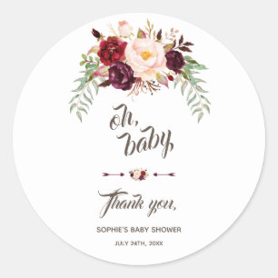 Sticker Rond Elégant BABY SHOWER Floral de Bourgogne-Marsala