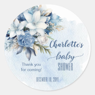 Sticker Rond Elégant Baby shower Floral d'hiver bleu