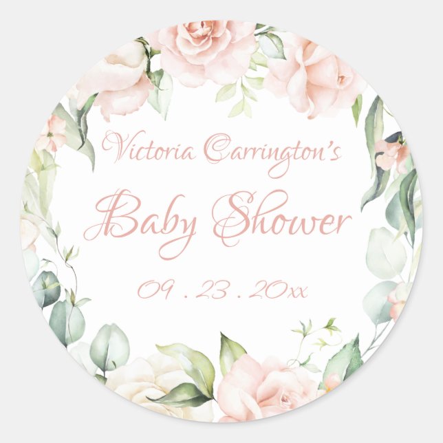 Sticker Rond Élégant Baby shower floral rose (Devant)