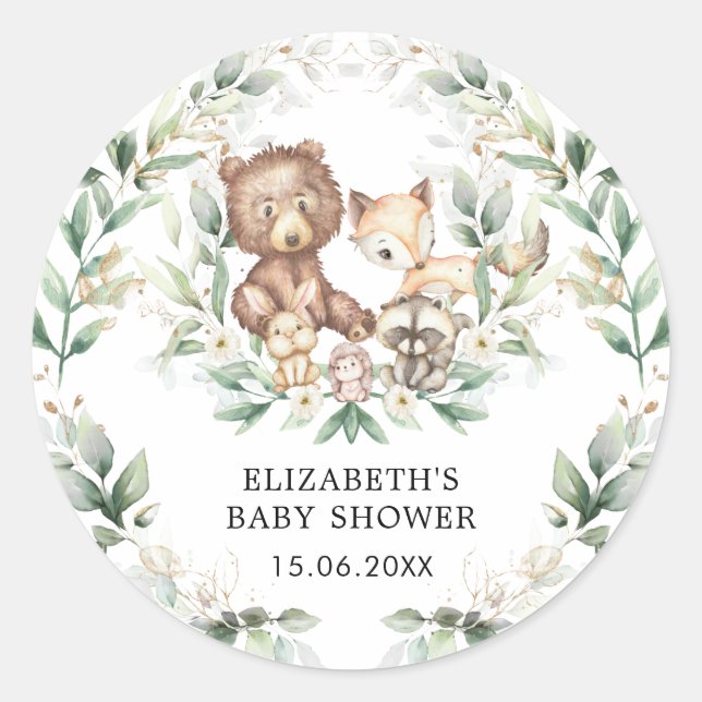 Sticker Rond Élégant Baby shower forestier verdoyant (Devant)