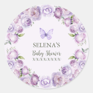 Sticker Rond Élégant Baby shower papillon floral violet