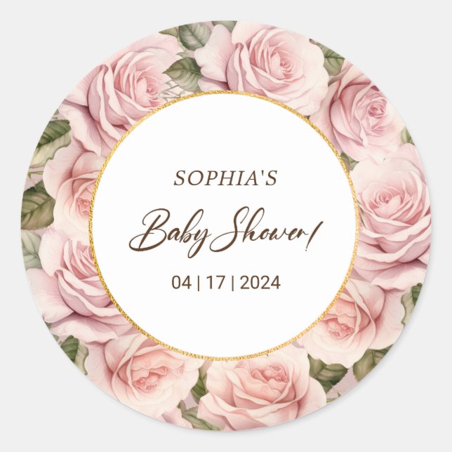 Sticker Rond Élégant Baby shower rose (Devant)