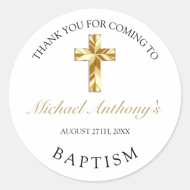 Sticker Rond Élégant Baptême Bébé Or Merci (Devant)