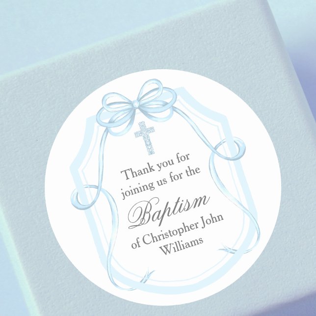 Sticker Rond Élégant Baptême de Bow Ruban Bleu (Créateur téléchargé)