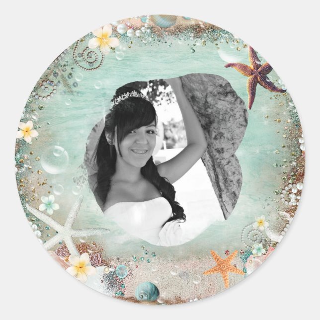 Sticker Rond Elégant Beach Sea Starfish & Pearl Photo Photo (Devant)