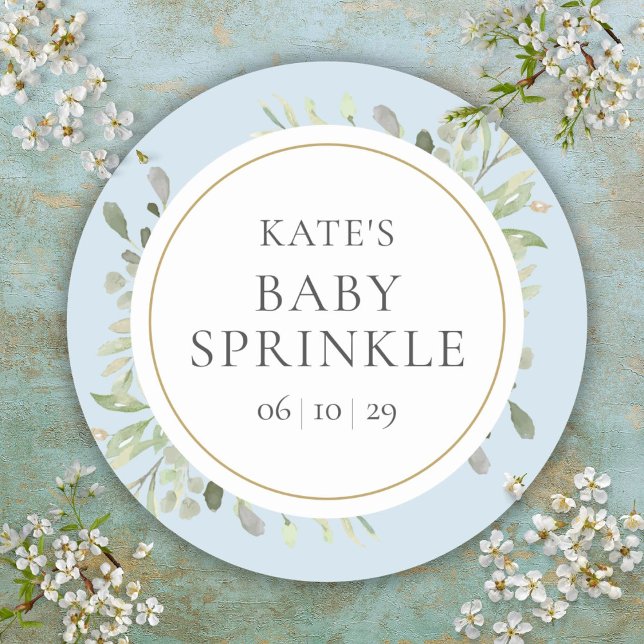 Sticker Rond Élégant bébé garçon saupoudrer verdure feuillage (Elegant Baby Boy Sprinkle Greenery Foliage Classic Round Sticker)