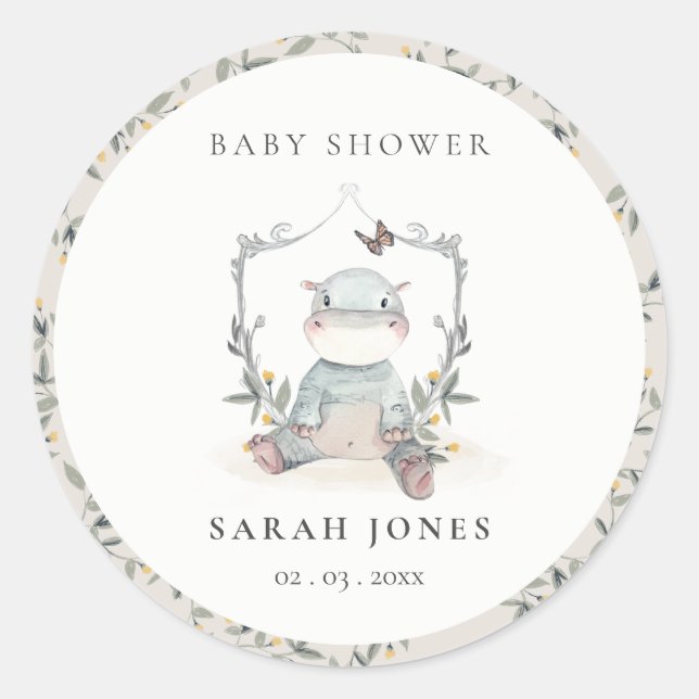 Sticker Rond Élégant Bébé Jaune Joli Baby shower Hippo Foliage (Devant)