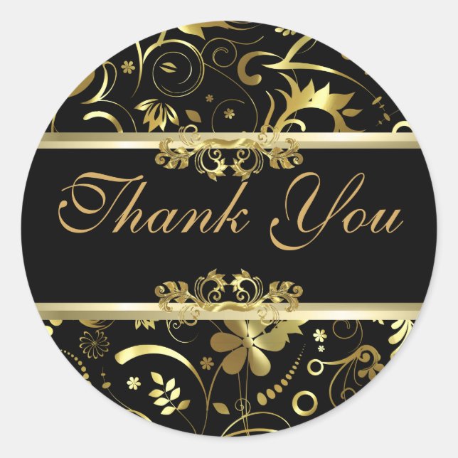 Sticker Rond Elégant Black & Gold Foil Look Floral Damas (Devant)