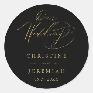 Sticker Rond Élégant Black Gold Mariage de script moderne