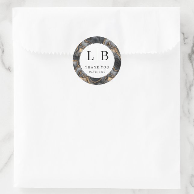 Sticker Rond Elegant Black Marble Initials (Sac)