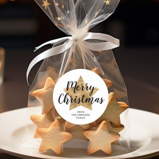 Sticker Rond Elégant Blanc Faux Gold Star Joyeux Noël (Elegant White Faux Gold Star Merry Christmas Classic Round Sticker)