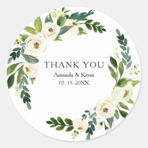 Sticker Rond Elégant blanc Floral verdure Mariage Merci