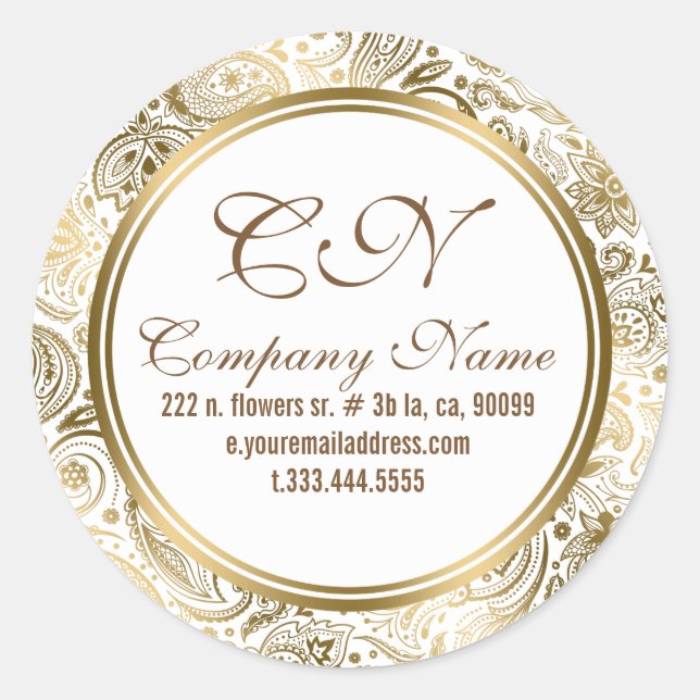 Sticker Rond Elégant Blanc & Or Floral dentelle Motif 2 (Devant)