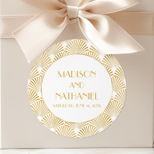 Sticker Rond Elégant Blanc Or Géométrique Mariage Art Déco