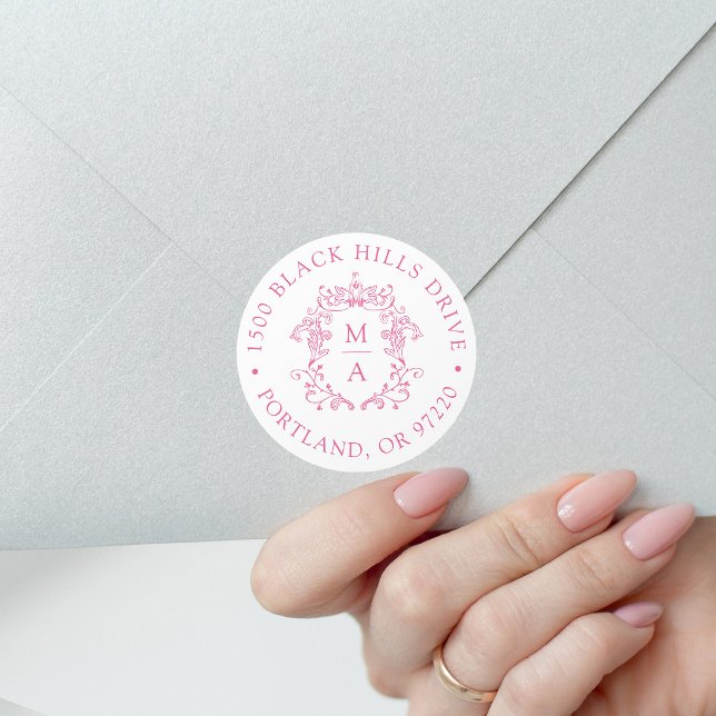 Sticker Rond Élégant blason rose retour adresse de mariage (Créateur téléchargé)