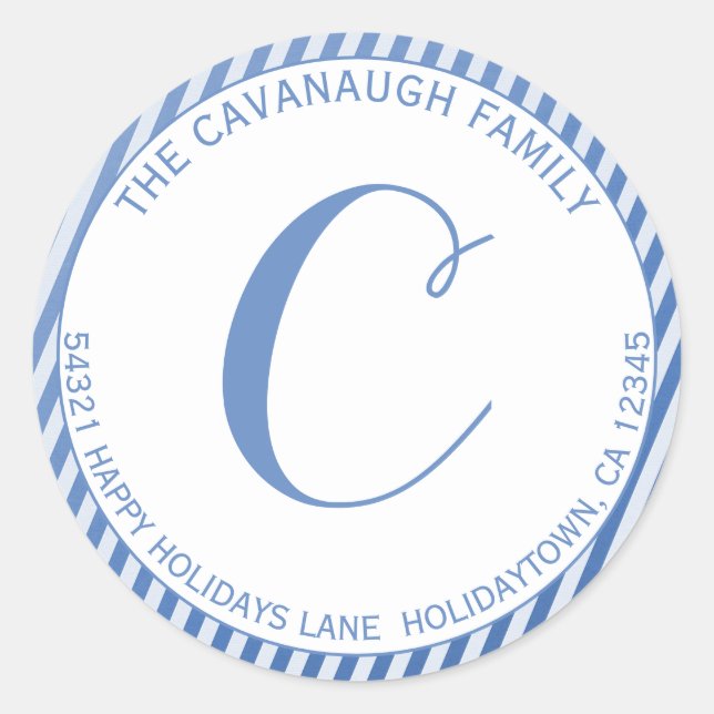 Sticker Rond Élégant Bleu Argent Foil Stripe Monogramme Adresse (Devant)
