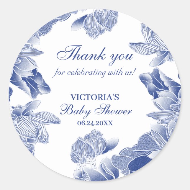 Sticker Rond Elégant Bleu Blanc Chinoiserie Merci Favor (Devant)