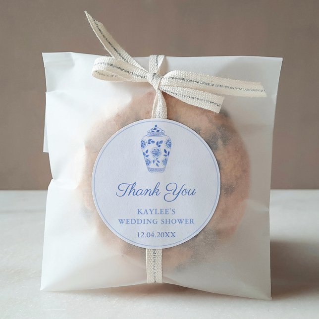Sticker Rond Elégant bleu blanc Wedding shower Merci Favor (Simple Elegant Hand Painted Blue And White Ginger Jar Baby or Bridal Shower Thank You Favor Sticker)