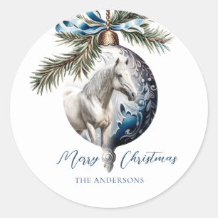 Sticker Rond Élégant bleu Noël blanc cheval équestre