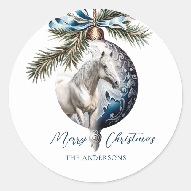 Sticker Rond Élégant bleu Noël blanc cheval équestre (Devant)
