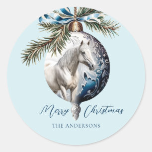 Sticker Rond Élégant bleu Noël blanc cheval équestre