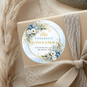 Sticker Rond Élégant Bleu Pastel Or Eucalyptus Quinceañera
