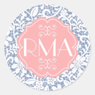 Sticker Rond Elégant bleu Vintage dentelle Personnalisé Monogra